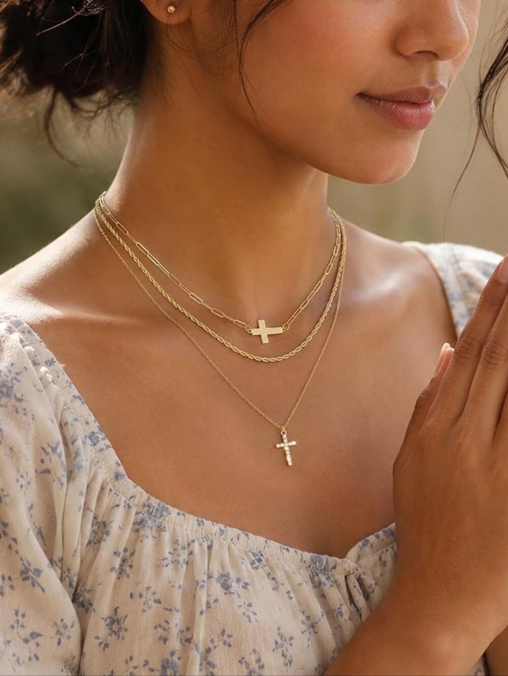 3pcs Gold Cross Necklace Layered 14K Gold Plated Cubic Zirconia Adjustable